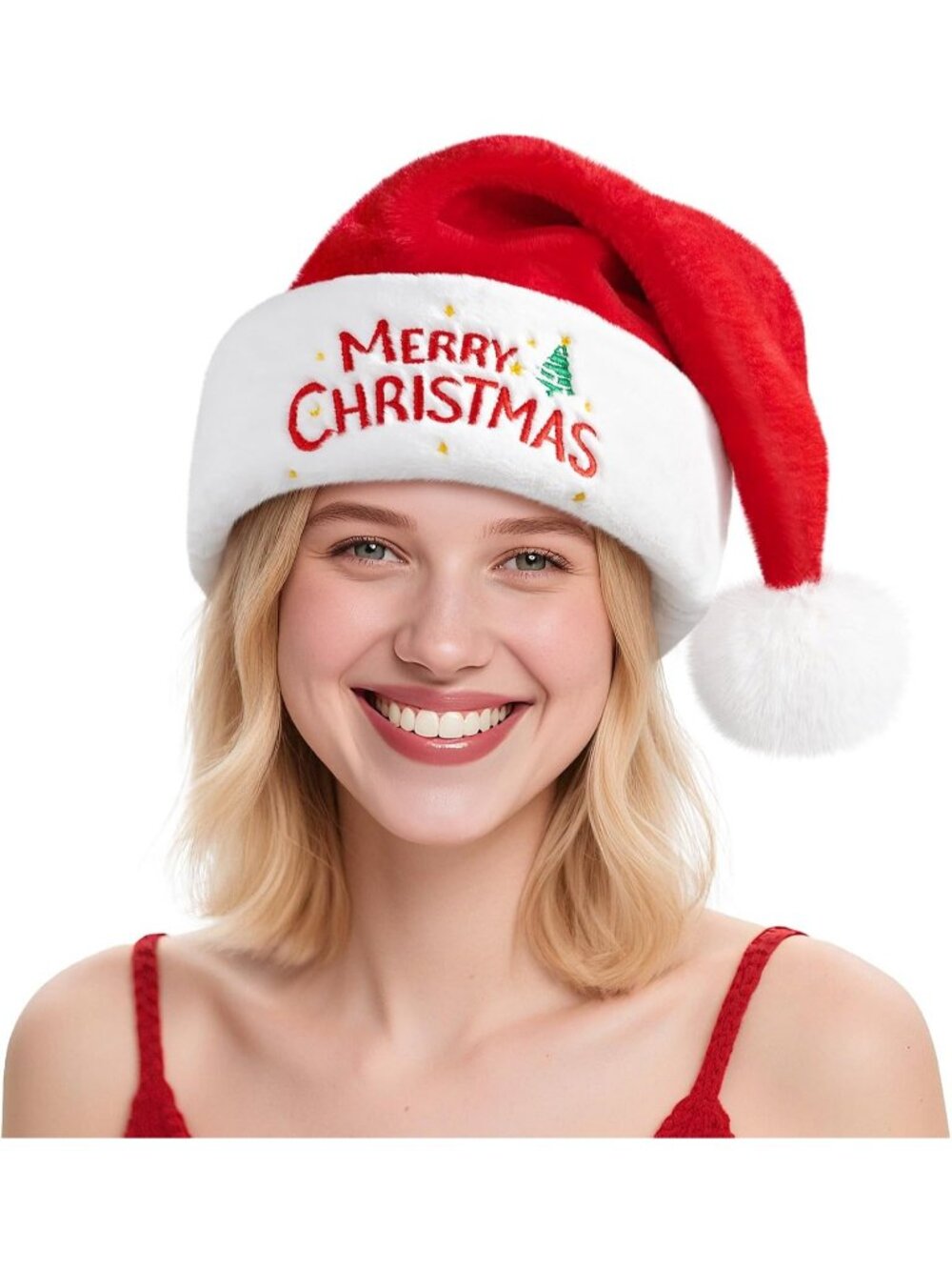 ✨Adults Red Merry Christmas Plush Pom Pom Soft Velvet Christmas Santa Claus Hat